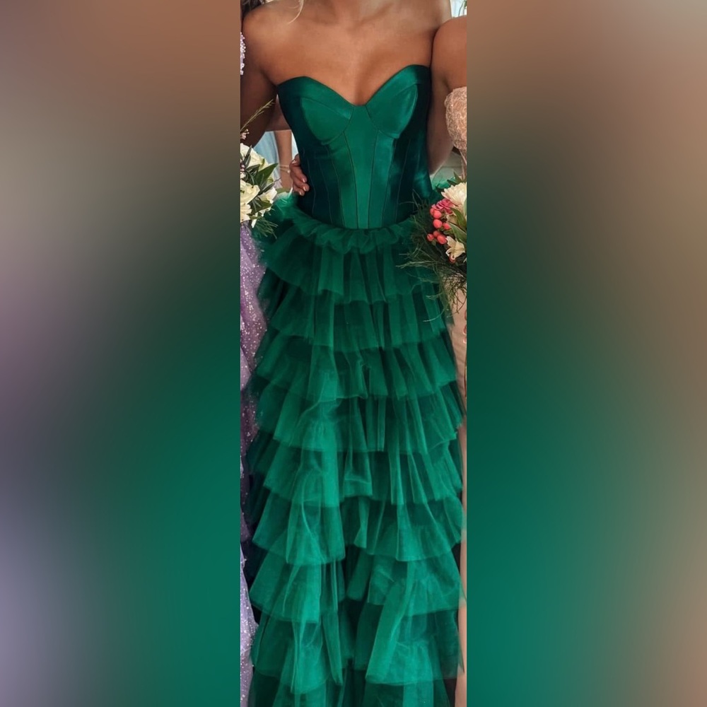 Sherri Hill Women’s Emerald Green Strapless Tiered Tulle Prom Dress Sz 4 (56087) - Picture 7 of 11
